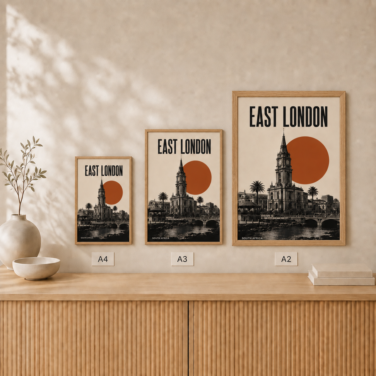 East London Skyline — Framed — Size comparison #Oak