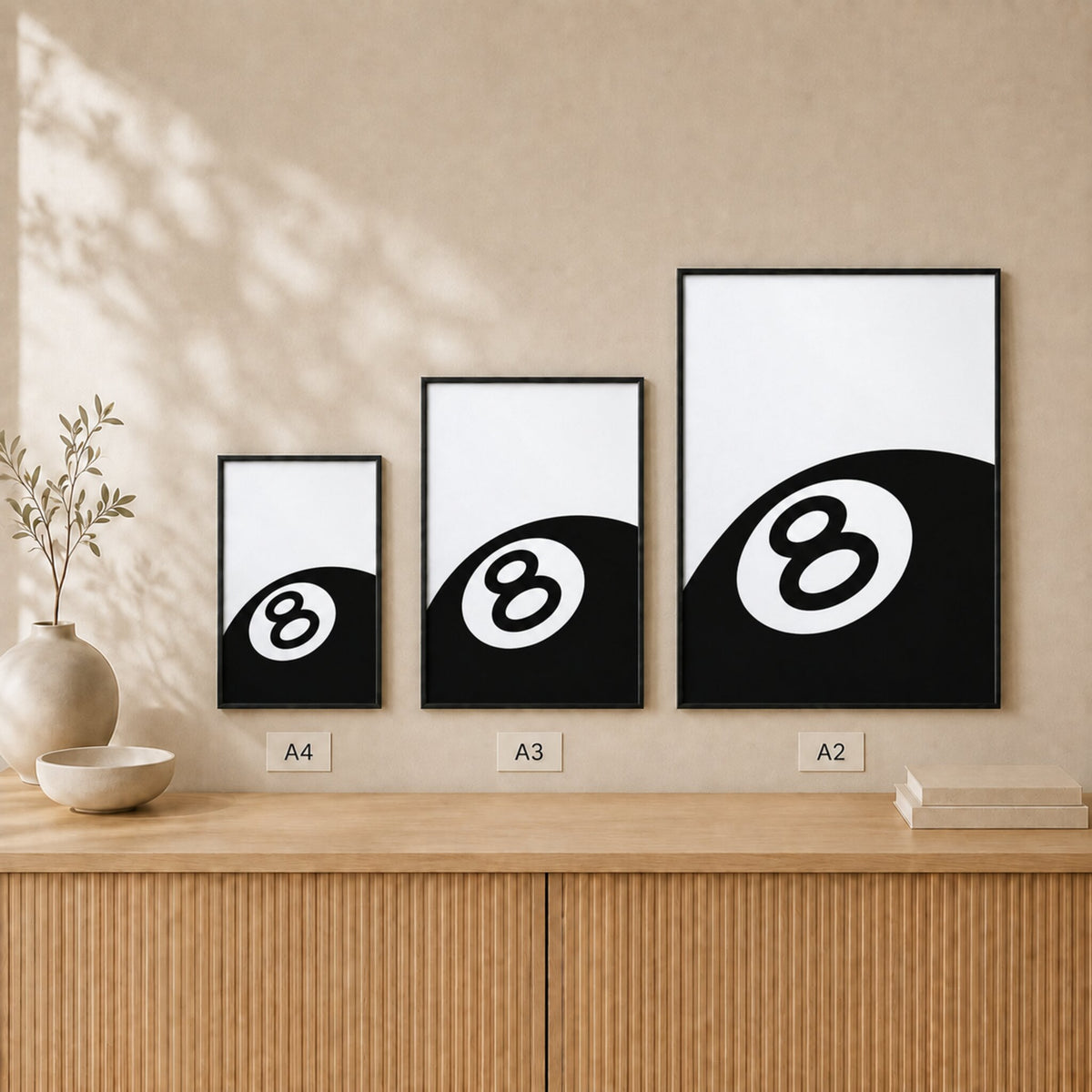8 Ball — Framed — Size comparison #Black