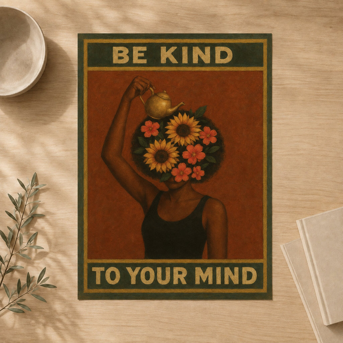 Unframed Be Kind To Your Mind art print shown in a flat lay #Unframed