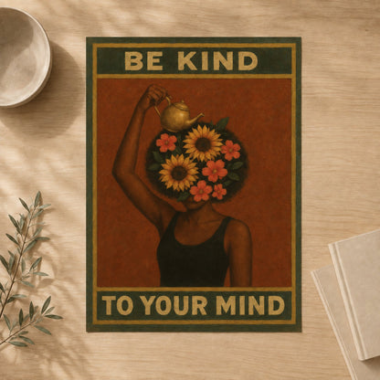 Unframed Be Kind To Your Mind art print shown in a flat lay #Unframed