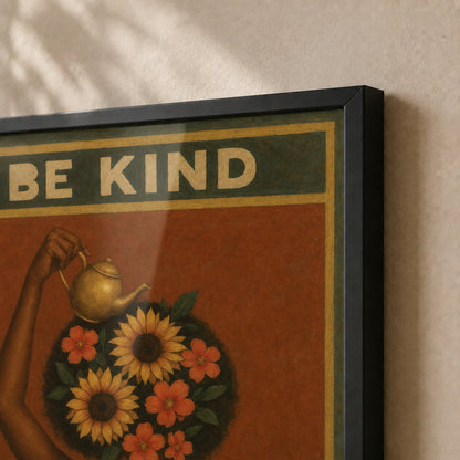Close-up of the Be Kind To Your Mind print and black frame corner #Black