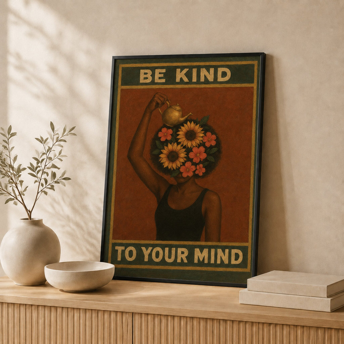 Be Kind To Your Mind art print in a black frame leaning against a wall #Black