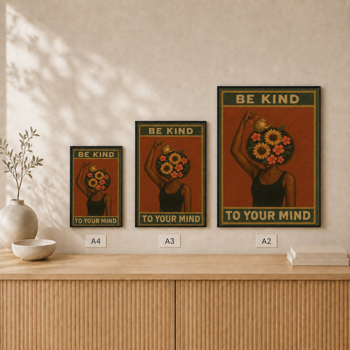 Be Kind To Your Mind framed poster size comparison in A4, A3 and A2 #Black