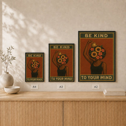 Be Kind To Your Mind framed poster size comparison in A4, A3 and A2 #Black