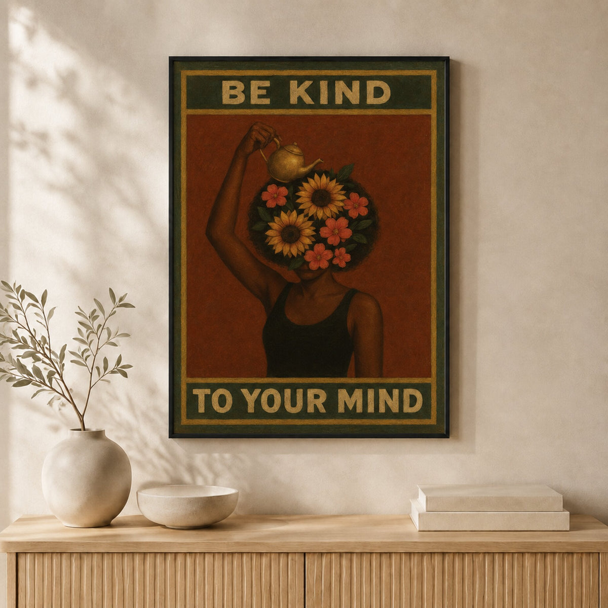 Be Kind To Your Mind wall art hanging in a black frame #Black