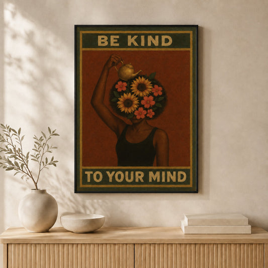 Be Kind To Your Mind wall art hanging in a black frame #Black