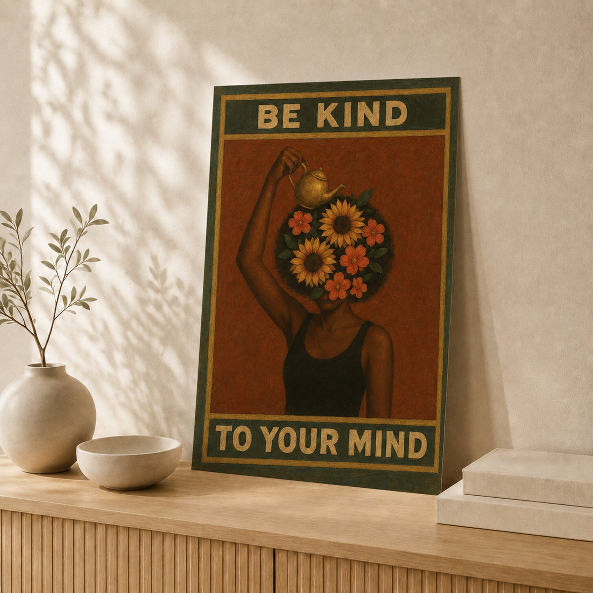Unframed Be Kind To Your Mind poster leaning against a wall #Unframed
