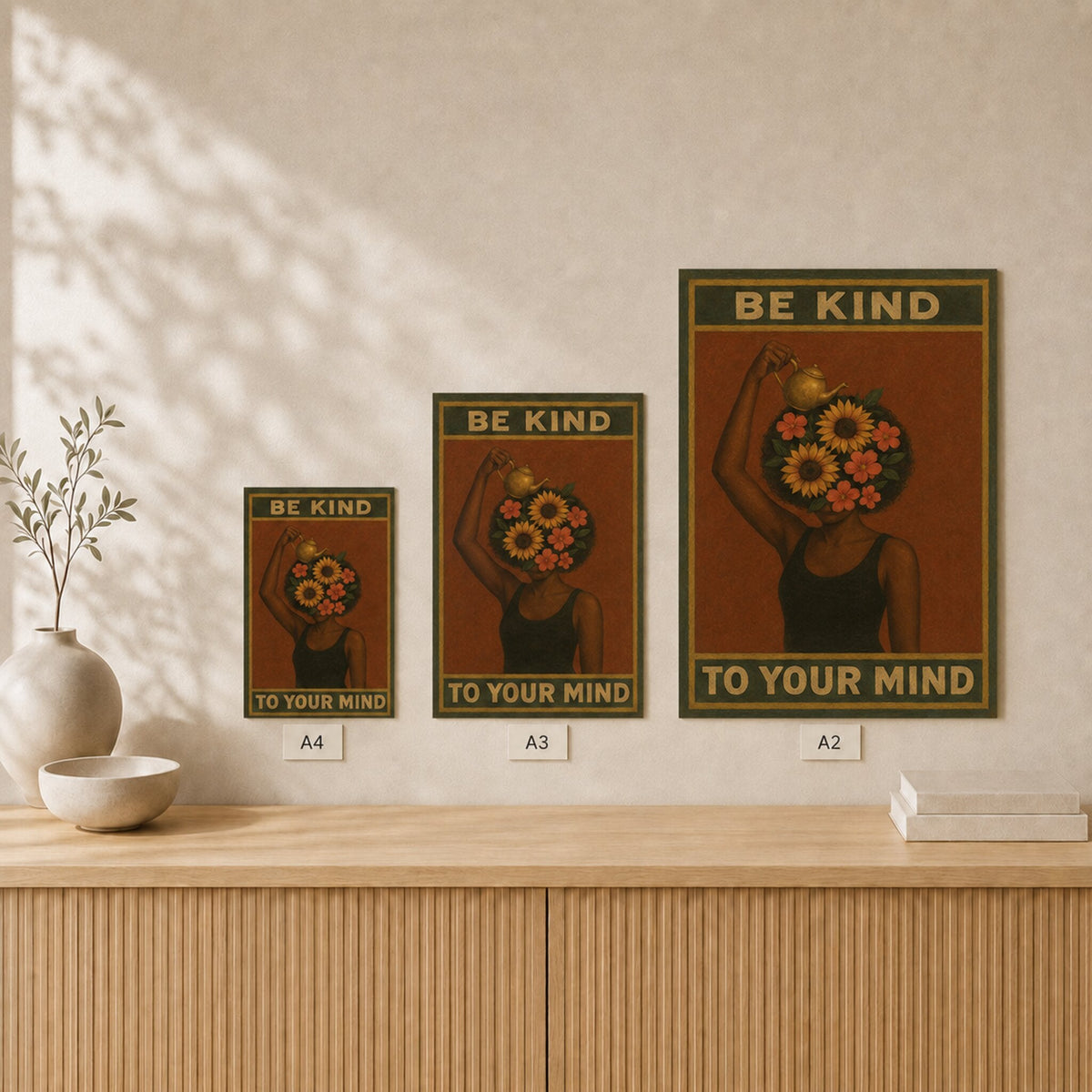 Be Kind To Your Mind unframed poster size comparison in A4, A3 and A2 #Unframed