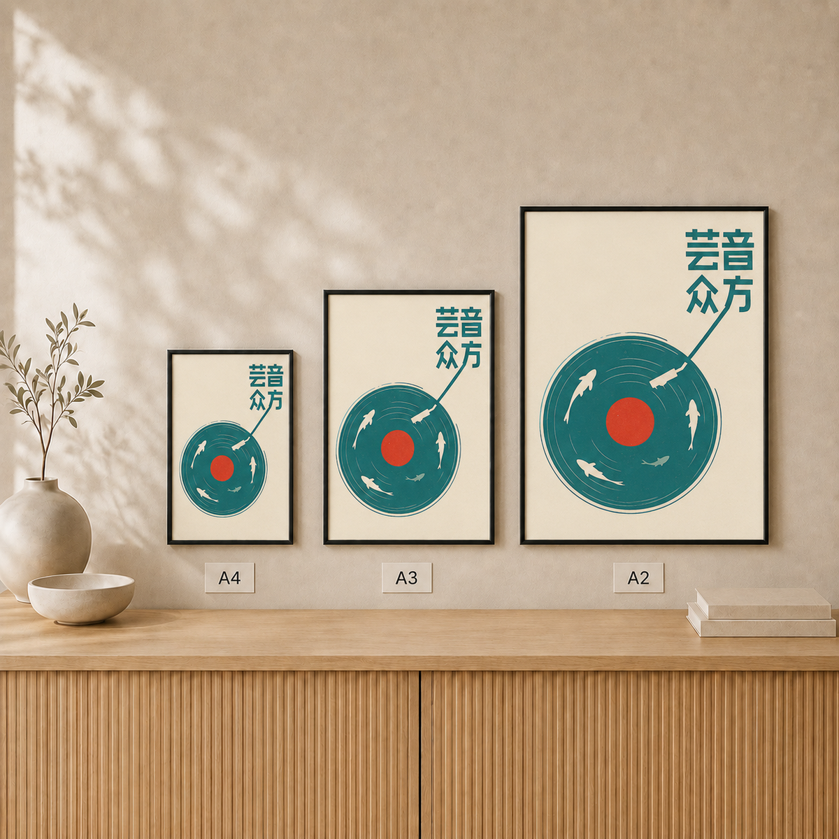 Echoes of Water framed poster size comparison in A4, A3 and A2 #Black