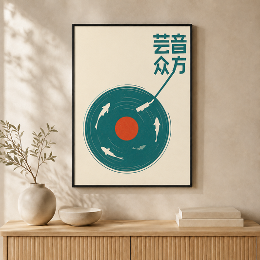 Echoes of Water retro art print displayed in a black wall frame #Black