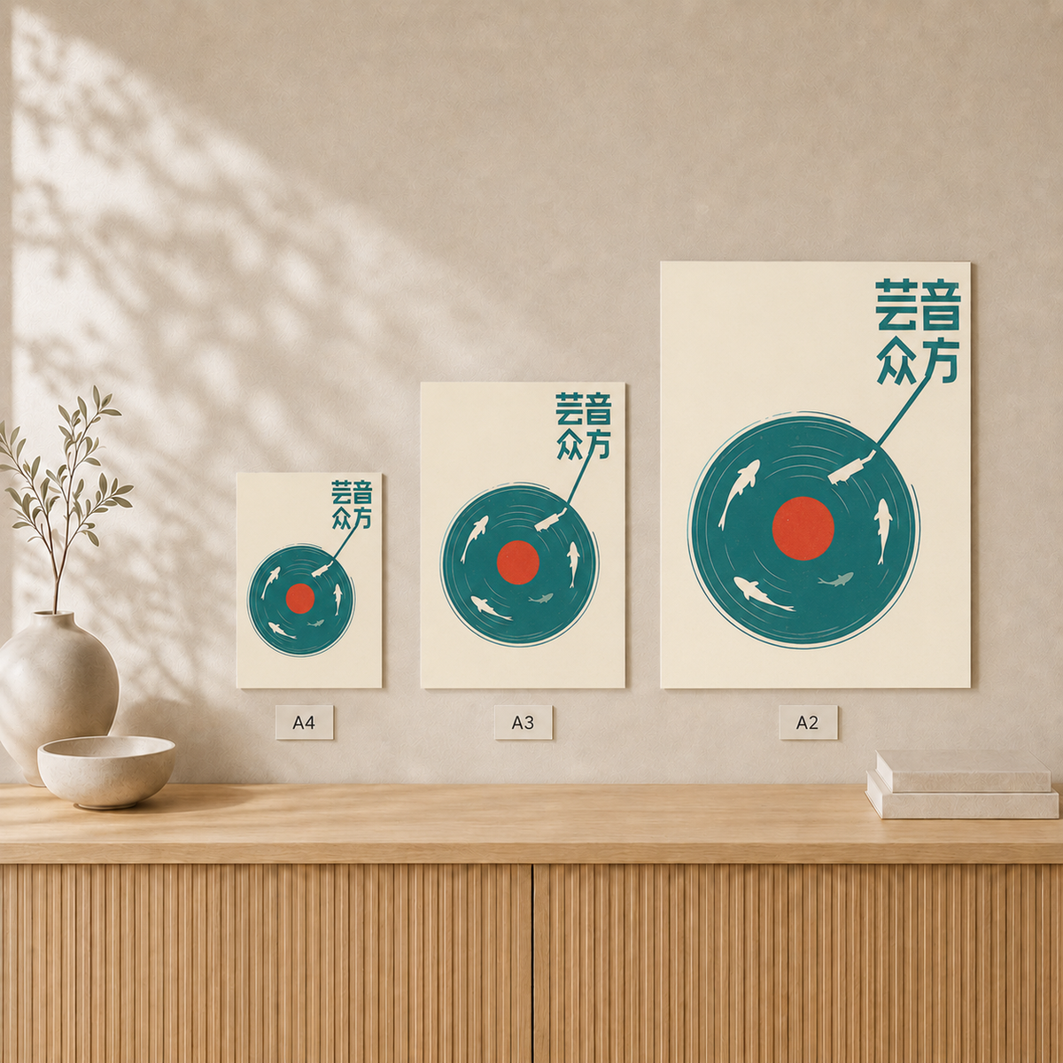 Echoes of Water unframed poster size comparison in A4, A3 and A2 #Unframed