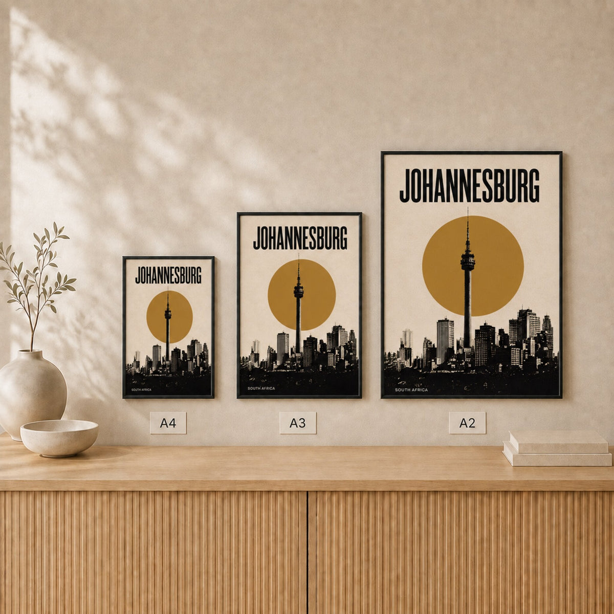 Johannesburg Skyline framed poster size comparison in A4, A3 and A2 #Black