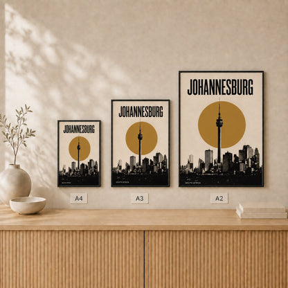 Johannesburg Skyline framed poster size comparison in A4, A3 and A2 #Black