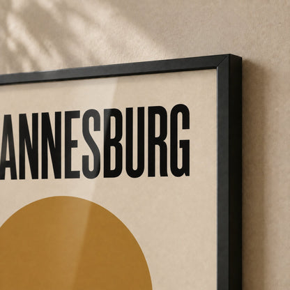 Close-up of the Johannesburg Skyline print and black frame corner #Black