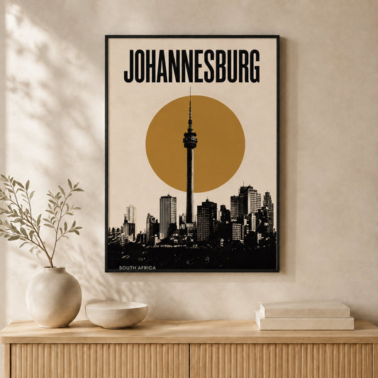 Johannesburg Skyline South African wall art hanging in a black frame #Black