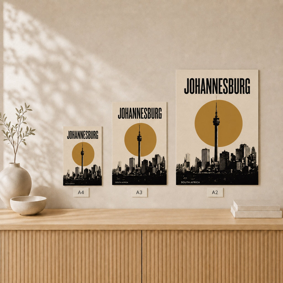 Johannesburg Skyline unframed poster size comparison in A4, A3 and A2 #Unframed
