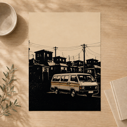 Unframed Kasi Taxi South African art print shown in a flat lay #Unframed