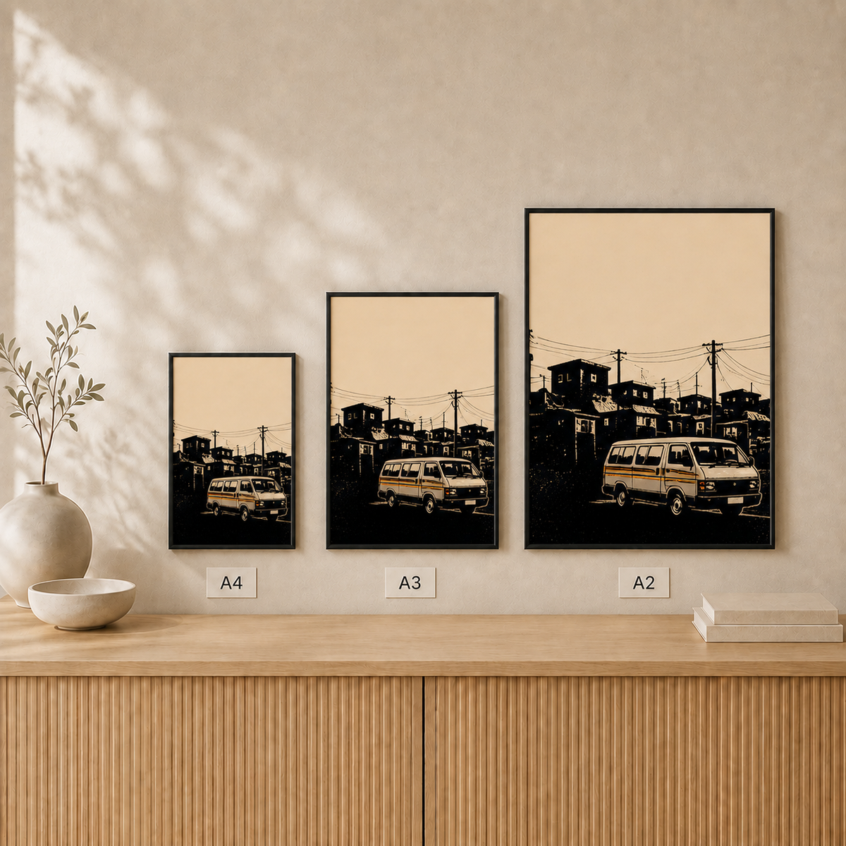 Kasi Taxi framed poster size comparison in A4, A3 and A2 #Black