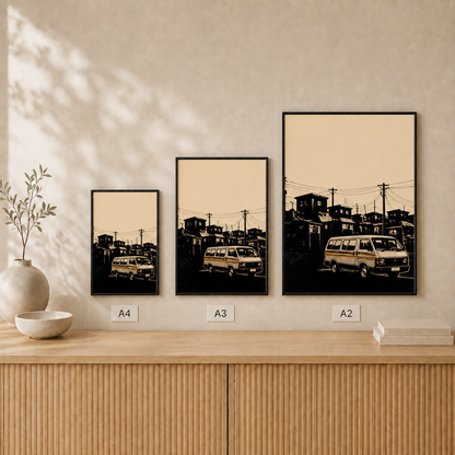 Kasi Taxi framed poster size comparison in A4, A3 and A2 #Black