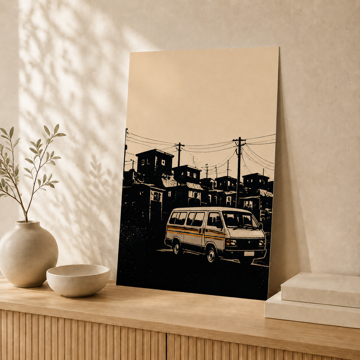 Unframed Kasi Taxi South African township poster leaning against a neutral wall #Unframed