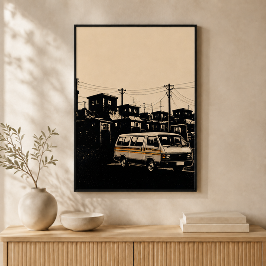 Kasi Taxi South African township wall art displayed in a black frame #Black