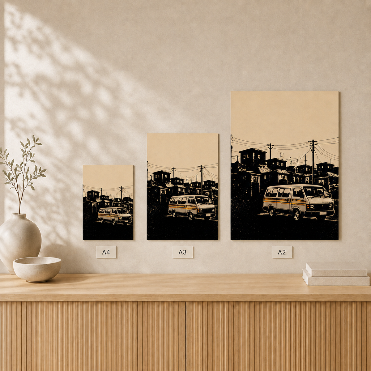 Kasi Taxi unframed poster size comparison in A4, A3 and A2 #Unframed