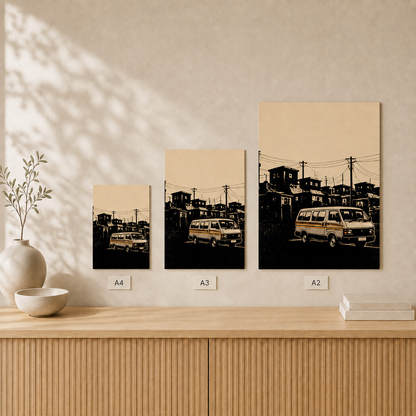 Kasi Taxi unframed poster size comparison in A4, A3 and A2 #Unframed