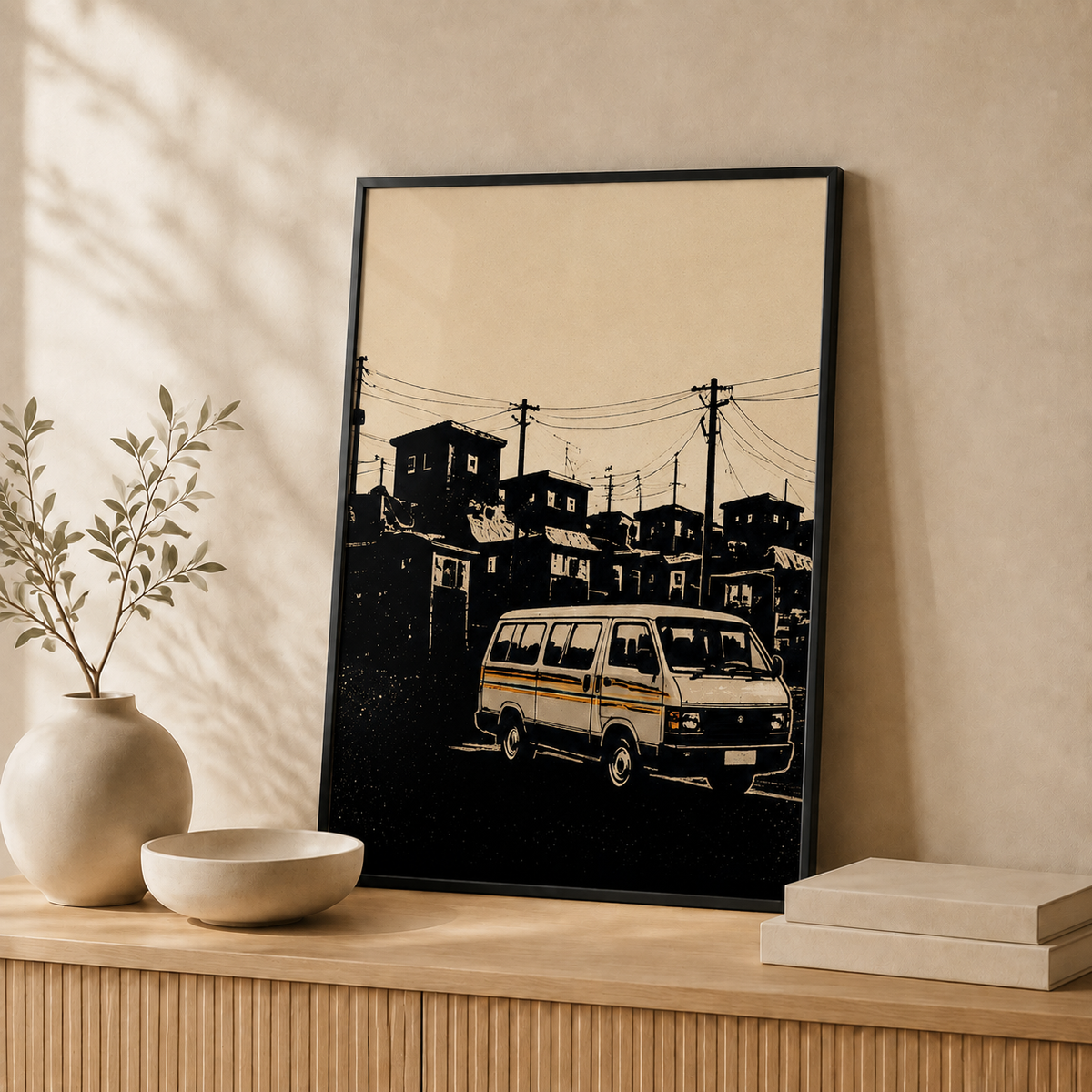 Kasi Taxi South African wall art in a black frame leaning on a wooden cabinet #Black