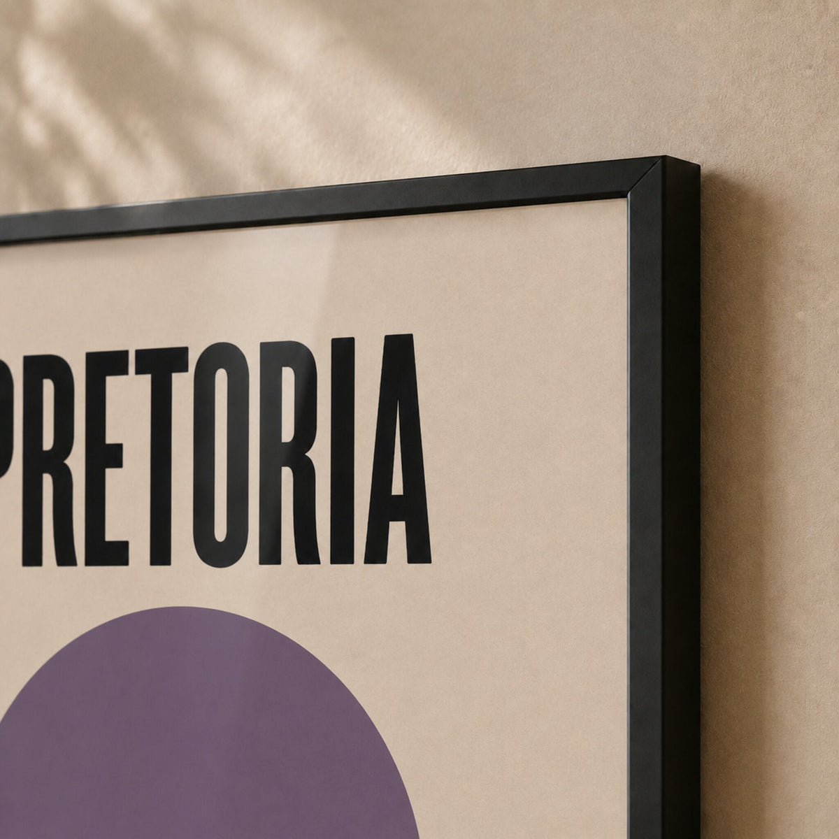 Close-up of the Pretoria Skyline print and black frame corner #Black