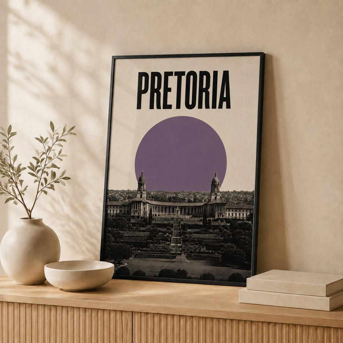 Pretoria Skyline art print in a black frame leaning against a wall #Black