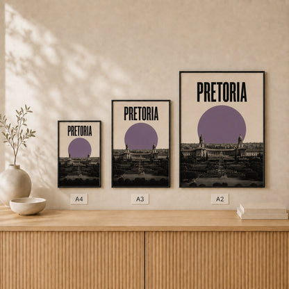 Pretoria Skyline framed poster size comparison in A4, A3 and A2 #Black