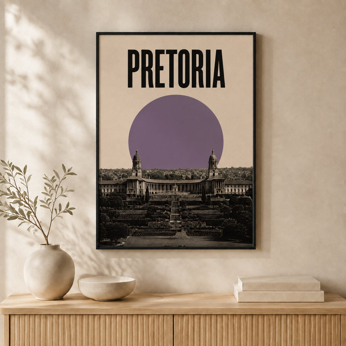 Pretoria Skyline South African wall art displayed in a black frame #Black