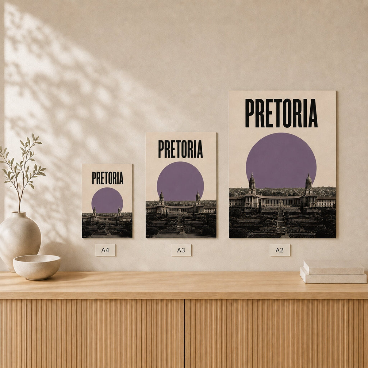Pretoria Skyline unframed poster size comparison in A4, A3 and A2 #Unframed