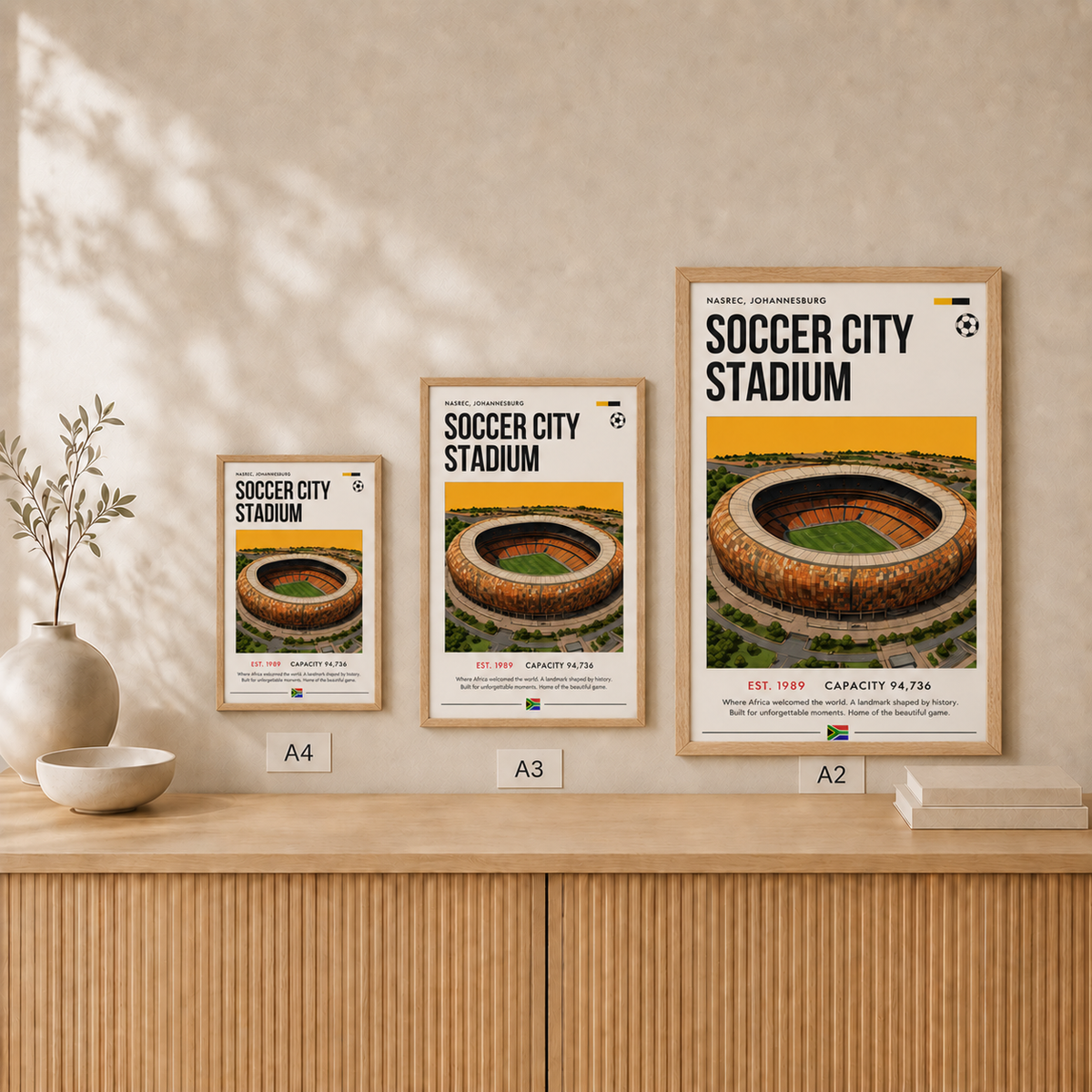 Soccer City Stadium — Framed — Size comparison #Oak