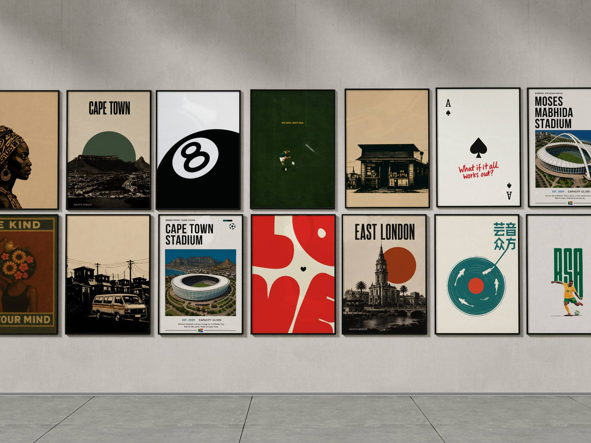 Gallery wall featuring DECO South African city, sports, retro and culture posters